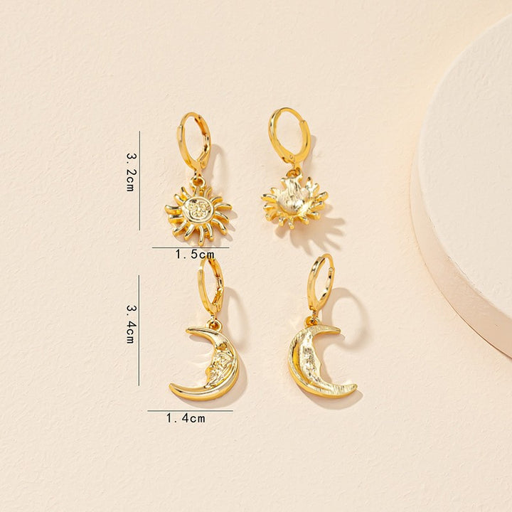 Boucles d’Oreilles Soleil Lune pour Femme – Set Créoles Gravées