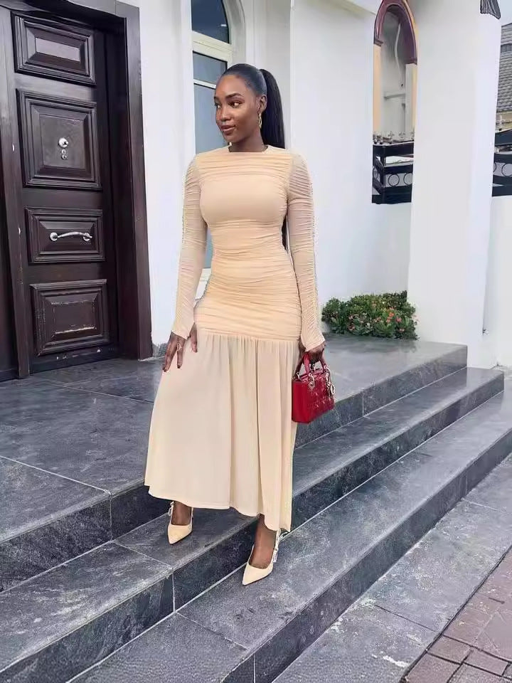Women's Gathered Maxi Dress – Long Sleeves, Stretch Fabric, Fitted Cut