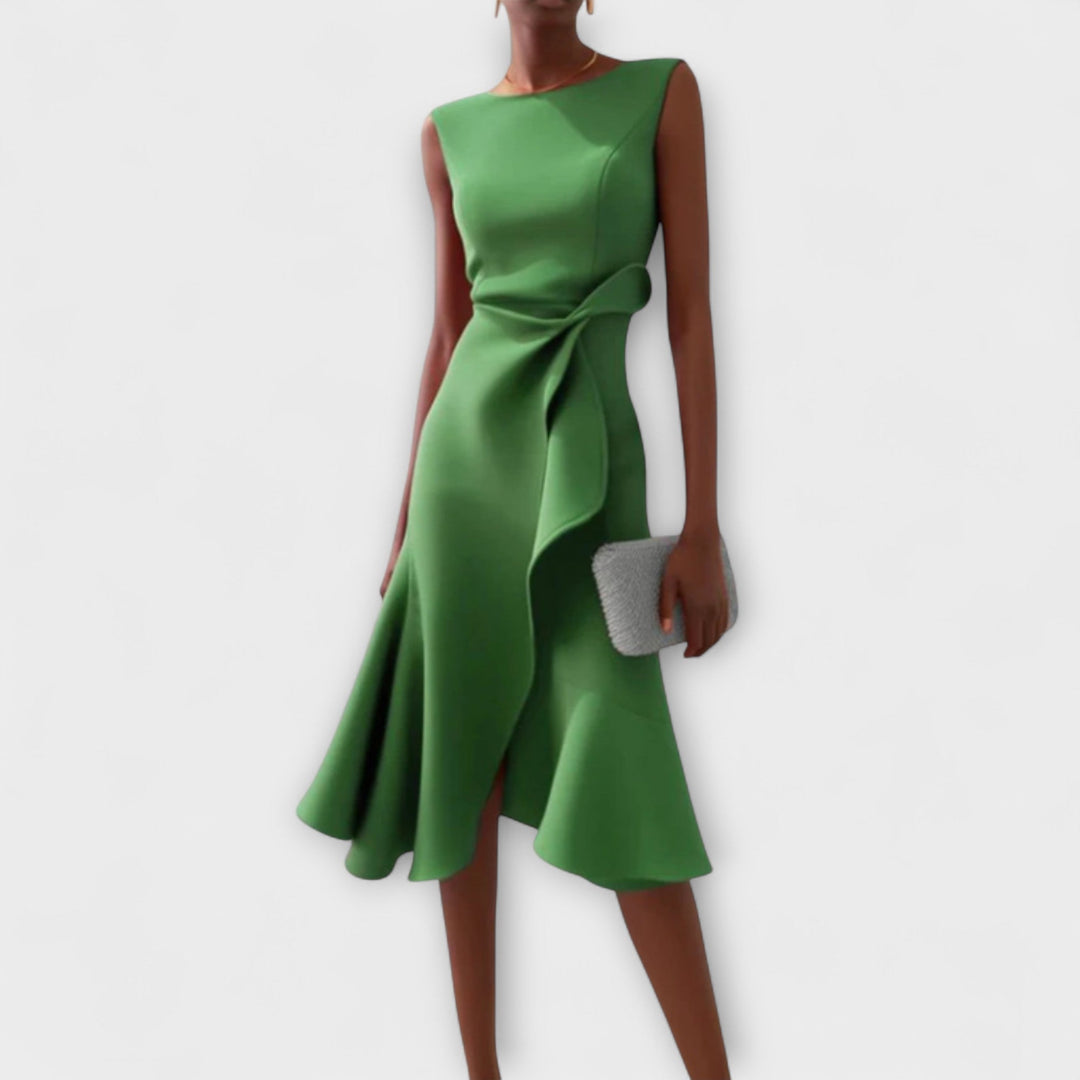 Women's Structured Sleeveless Midi Dress – Round Neck, Flared Hem, Fitted