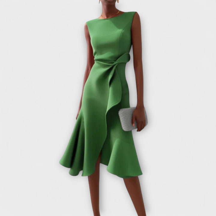 Women's Structured Sleeveless Midi Dress – Round Neck, Flared Hem, Fitted