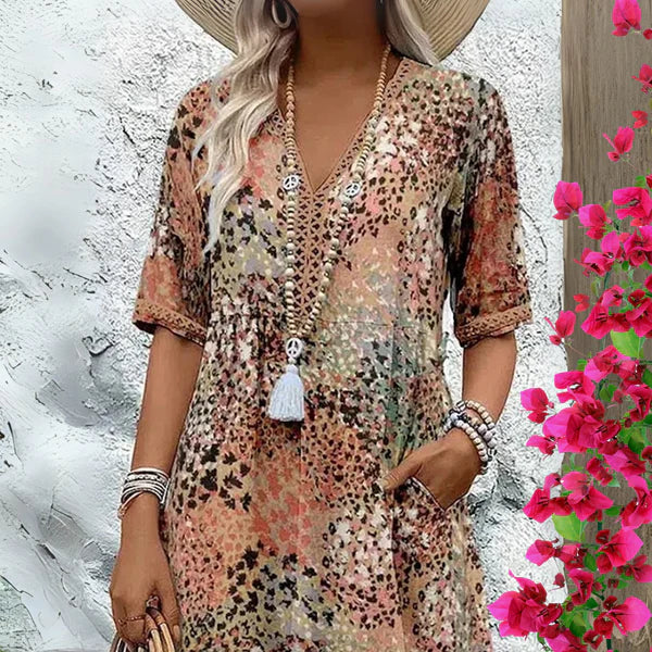 Leichtes Boho-Midi-Kleid für Damen – V-Ausschnitt, lockerer Schnitt