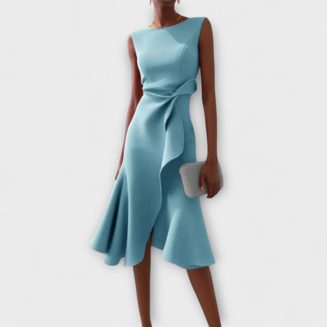 Women's Structured Sleeveless Midi Dress – Round Neck, Flared Hem, Fitted