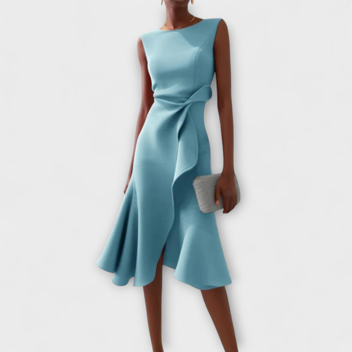 Women's Structured Sleeveless Midi Dress – Round Neck, Flared Hem, Fitted