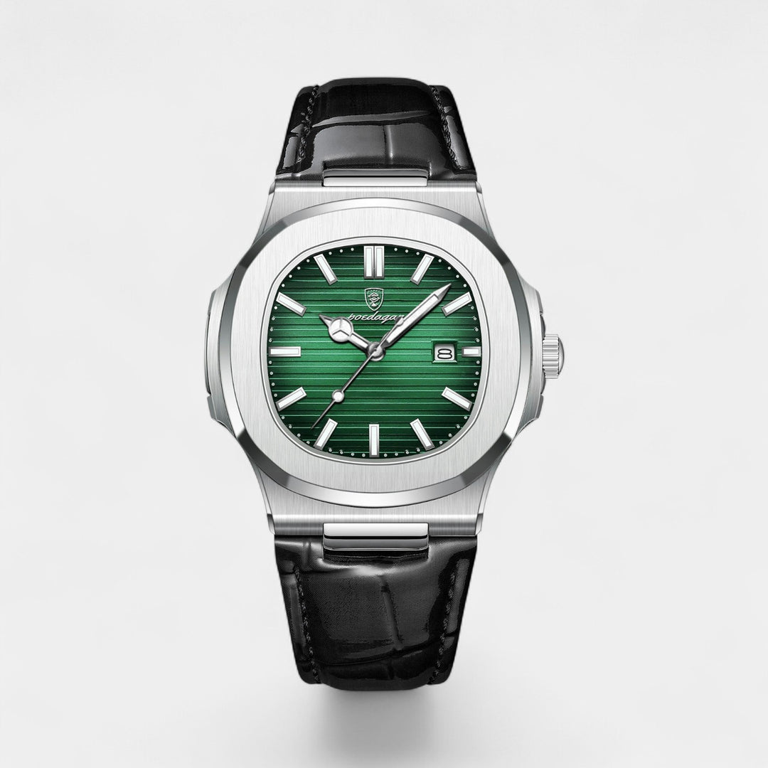 Riche | Herrenuhr mit schwarzem Lederarmband – Quarz, leuchtend und wasserdicht, 40 mm