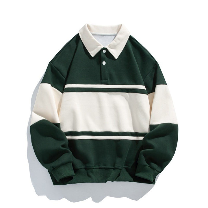 Herre-sweatshirt i bomuldsblanding – stribet mønster, løs pasform, polo-krave