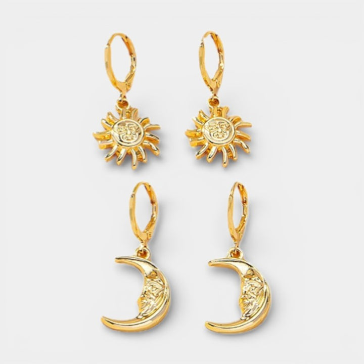 Boucles d’Oreilles Soleil Lune pour Femme – Set Créoles Gravées