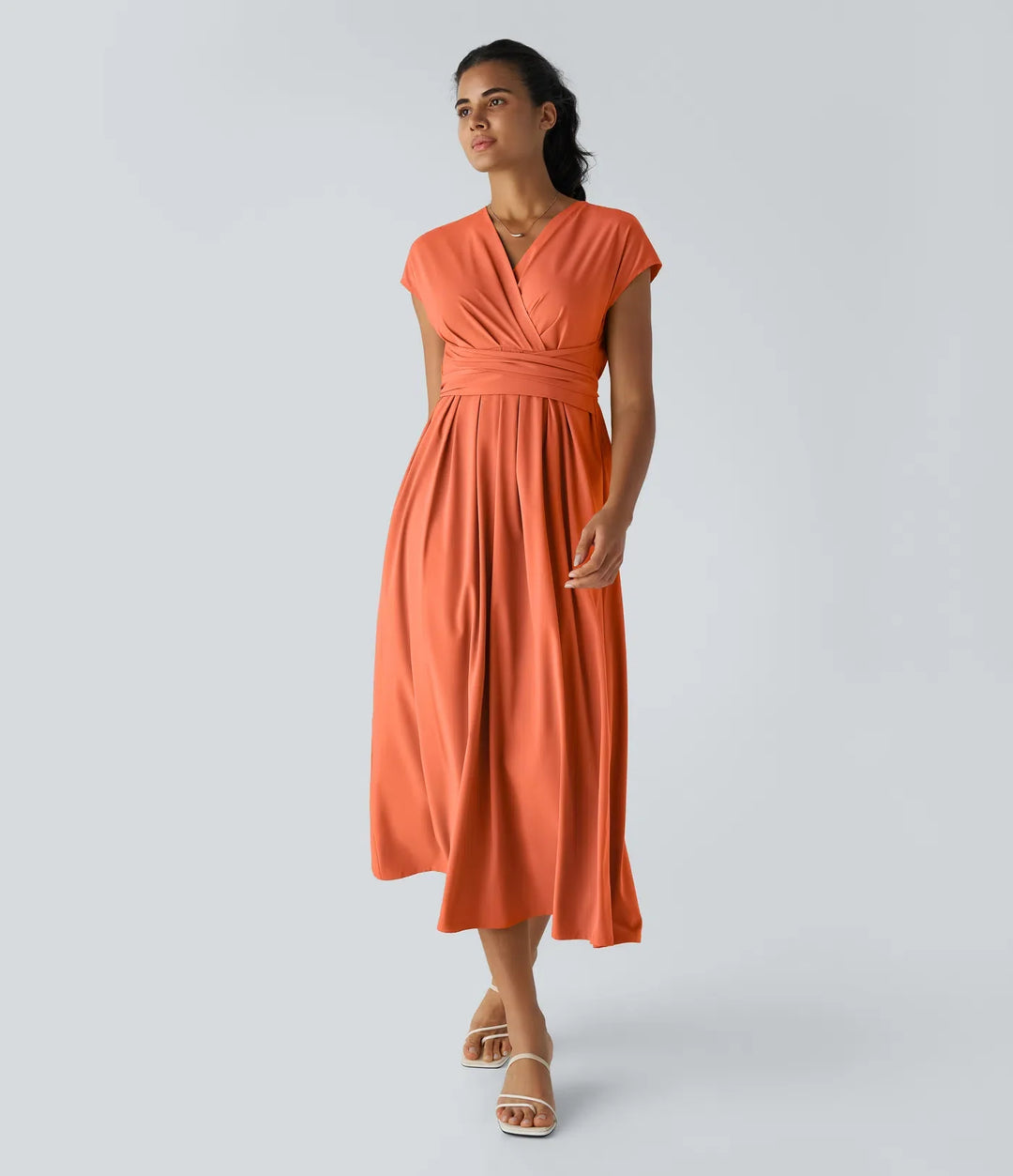 Leichtes Midi-Kleid mit V-Ausschnitt für Damen – Elastischer Bund, ausgestellter Schnitt