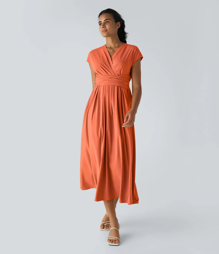Leichtes Midi-Kleid mit V-Ausschnitt für Damen – Elastischer Bund, ausgestellter Schnitt