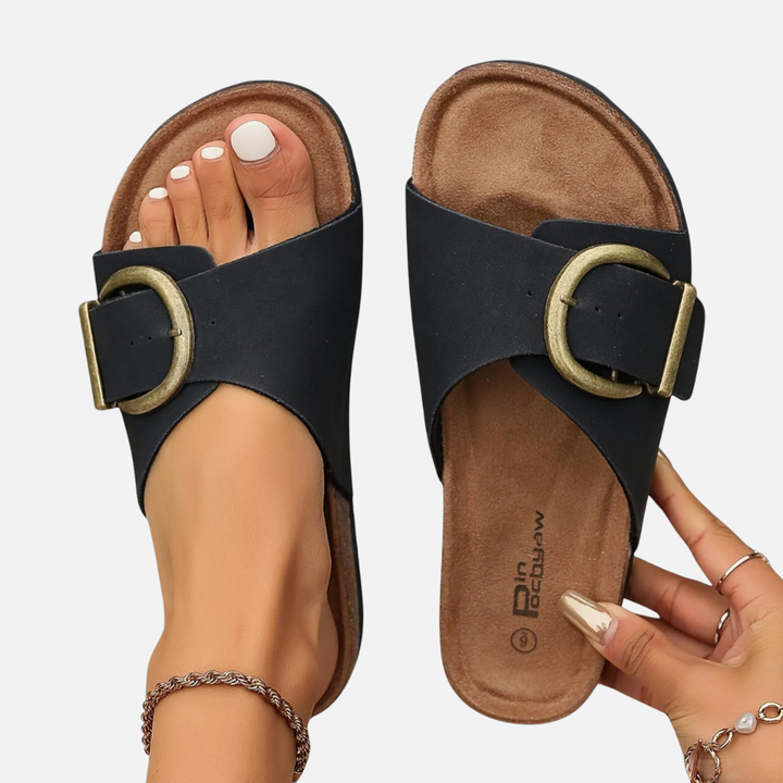 Orthopädische flache Sandalen für Damen – zum Hineinschlüpfen, offene Spitze, gepolsterte Sohle
