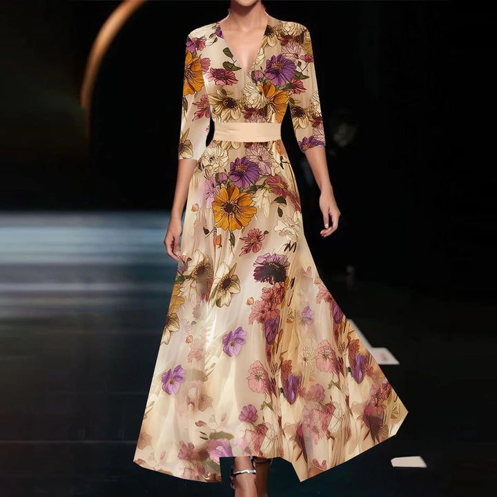 Women's A-line maxi dress with floral print – V-neck, fitted waist