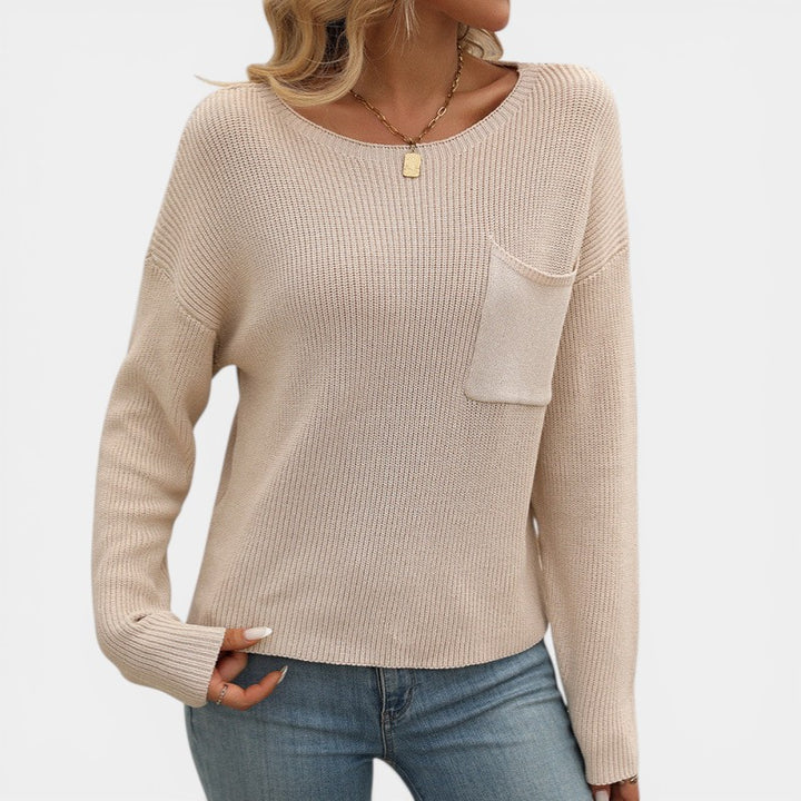 Women's Round-Neck Knit Sweater – Relaxed Fit with Chest Pocket | Ribbed Knit