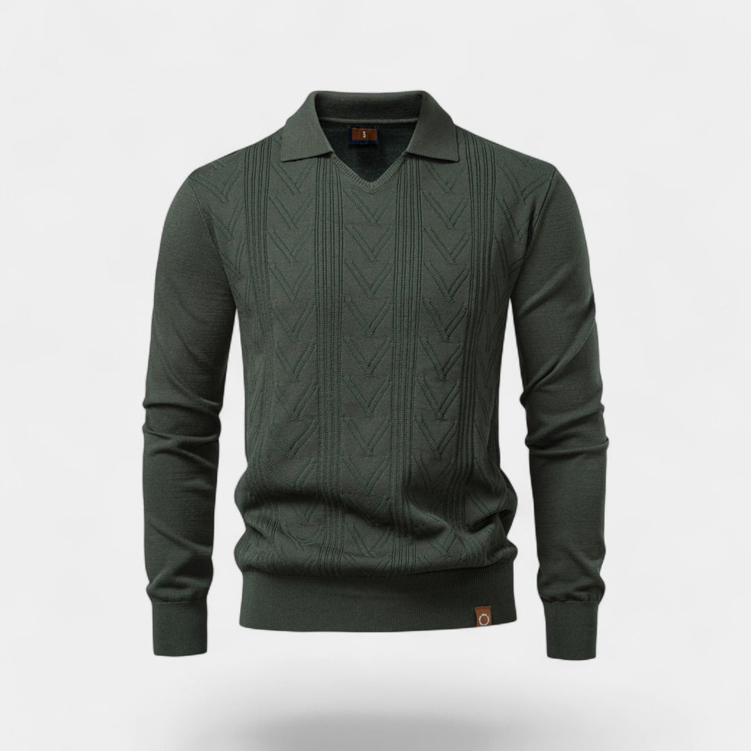 Riche | Polo homme jacquard maille col V – torsades classiques