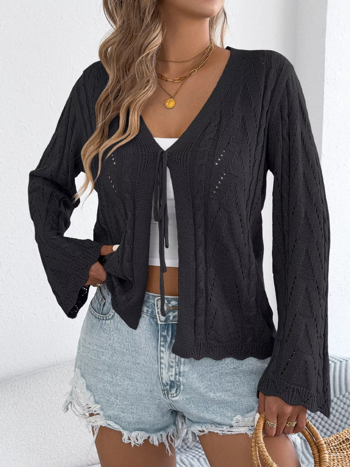 Women's Knit Cardigan – Flared Sleeves, Openwork Front Placket