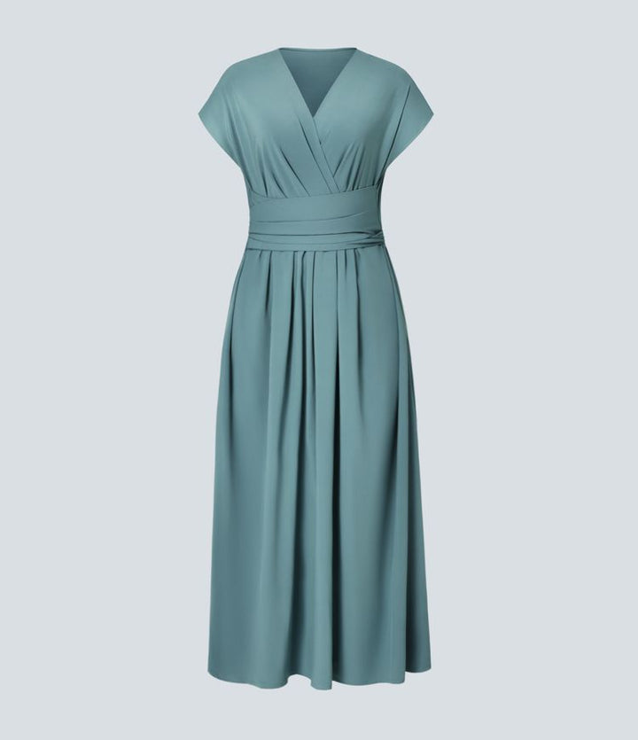 Leichtes Midi-Kleid mit V-Ausschnitt für Damen – Elastischer Bund, ausgestellter Schnitt