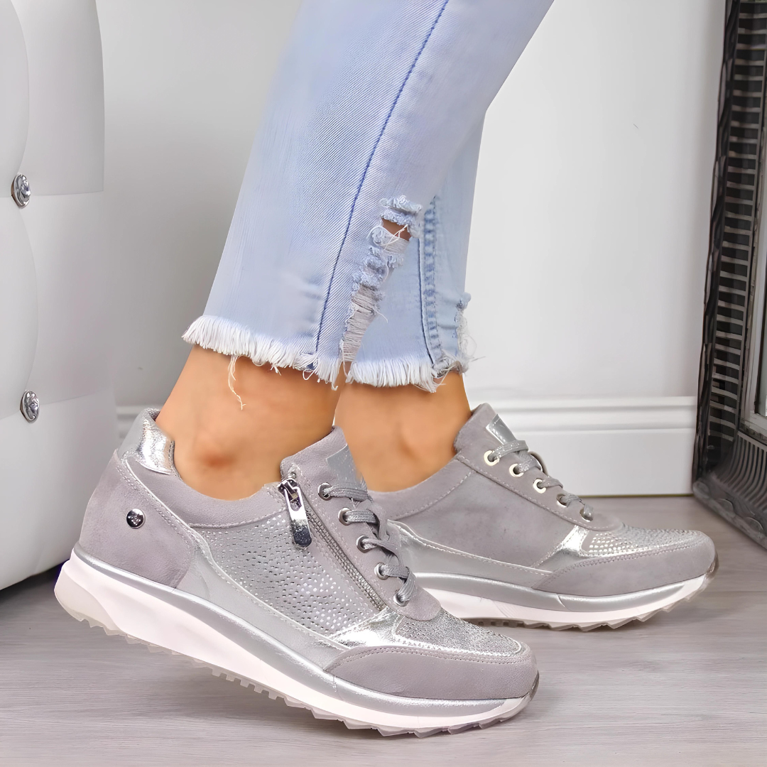 Baskets Décontractées Orthopédiques en Cuir pour Femme – Semelle Confort Strass
