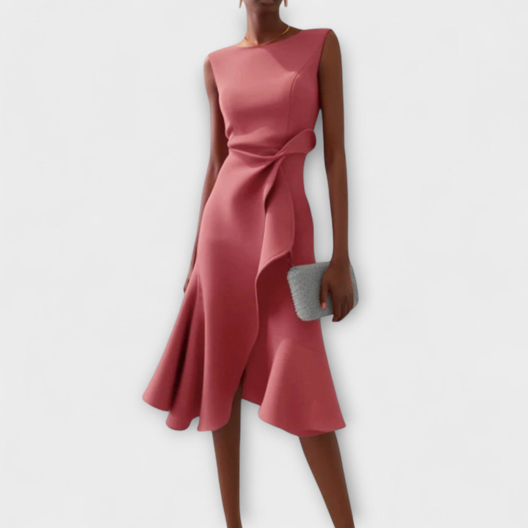 Women's Structured Sleeveless Midi Dress – Round Neck, Flared Hem, Fitted