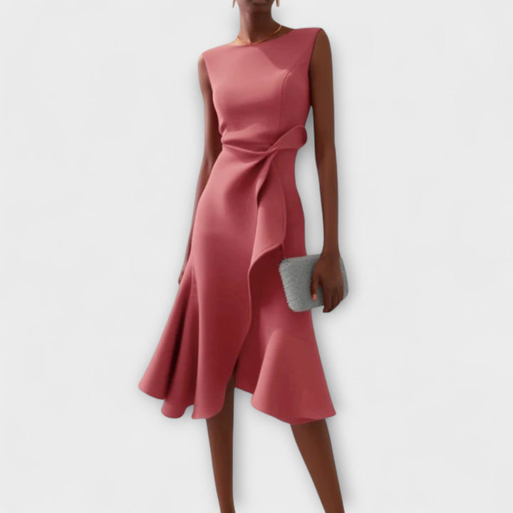 Women's Structured Sleeveless Midi Dress – Round Neck, Flared Hem, Fitted