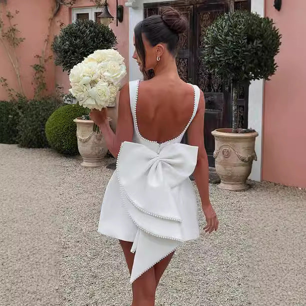 Robe Mini Femme A-Line Dos Nu – Sans Manches Nœud Perlé