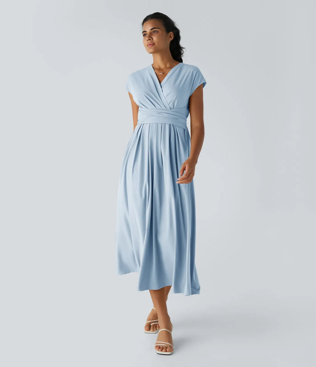 Leichtes Midi-Kleid mit V-Ausschnitt für Damen – Elastischer Bund, ausgestellter Schnitt