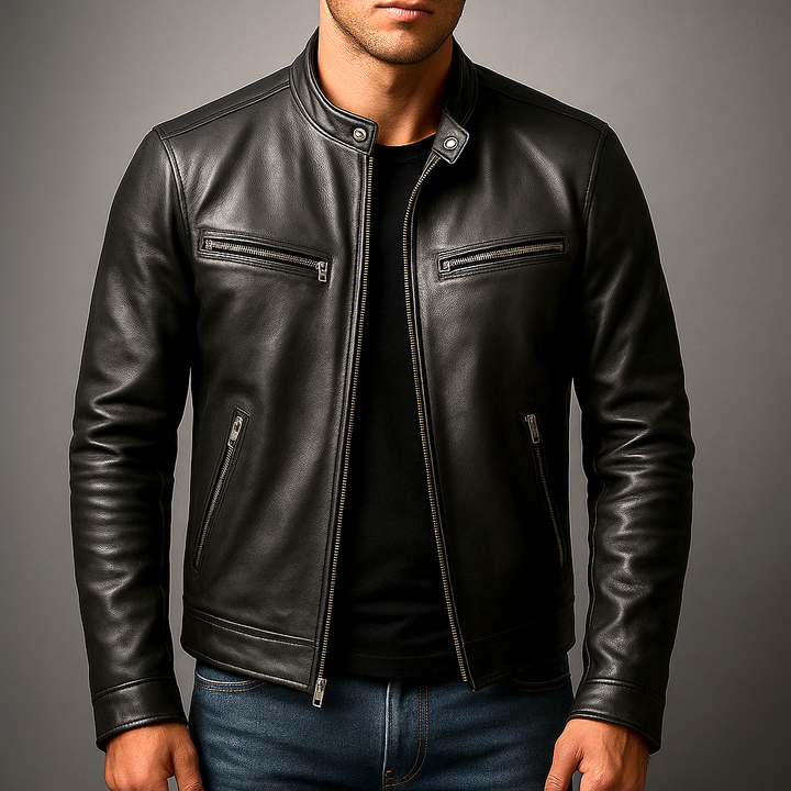 Veste Homme Vintage Cuir – Col Montant Coupe Structurée Fermeture Zippée Poches