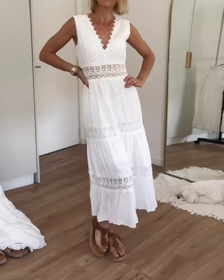 Robe Midi Bohème Blanche Femme en Dentelle – Col V Sans Manches