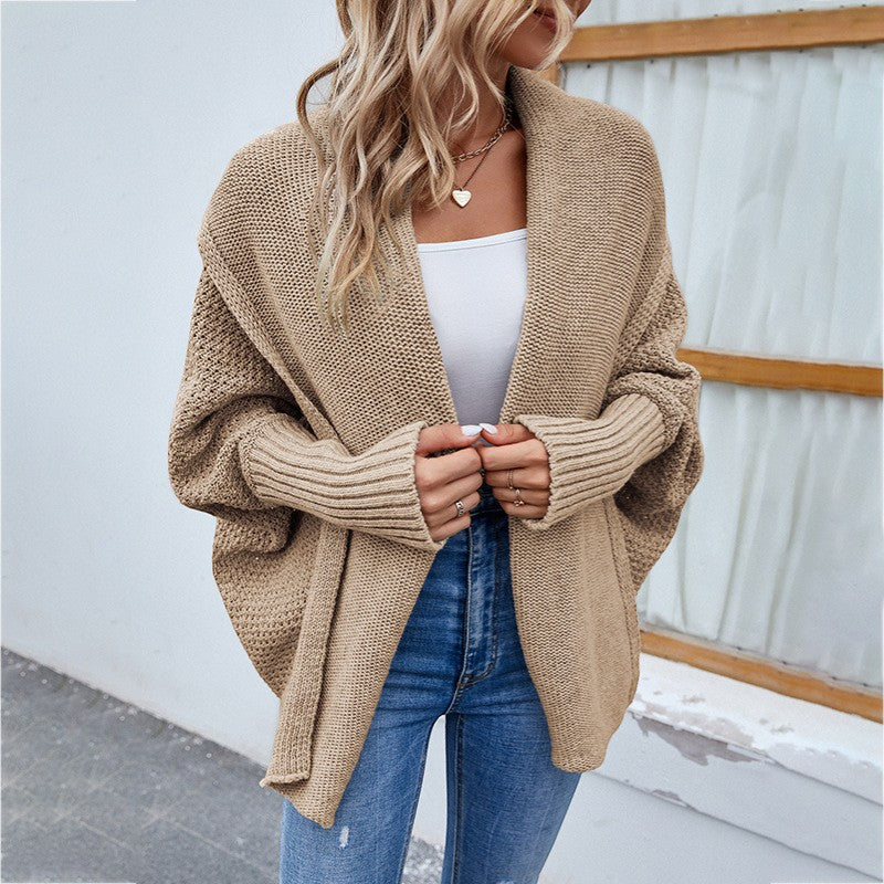 Women's Acrylic Blend Knit Cardigan – Batwing Sleeves, Loose Fit, Open Front