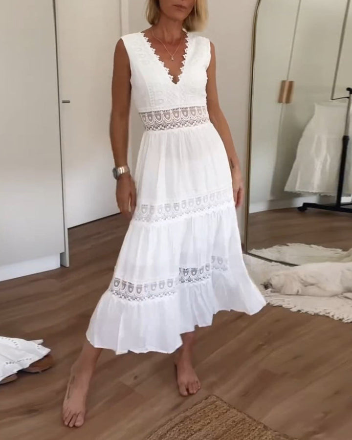 Robe Midi Bohème Blanche Femme en Dentelle – Col V Sans Manches