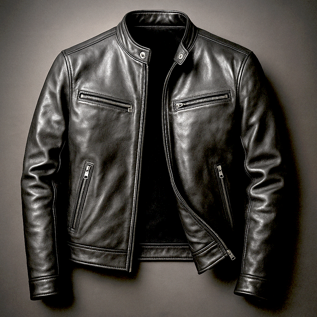Veste Homme Vintage Cuir – Col Montant Coupe Structurée Fermeture Zippée Poches