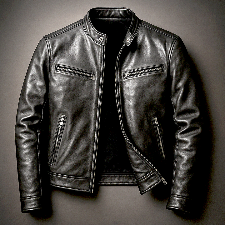 Veste Homme Vintage Cuir – Col Montant Coupe Structurée Fermeture Zippée Poches