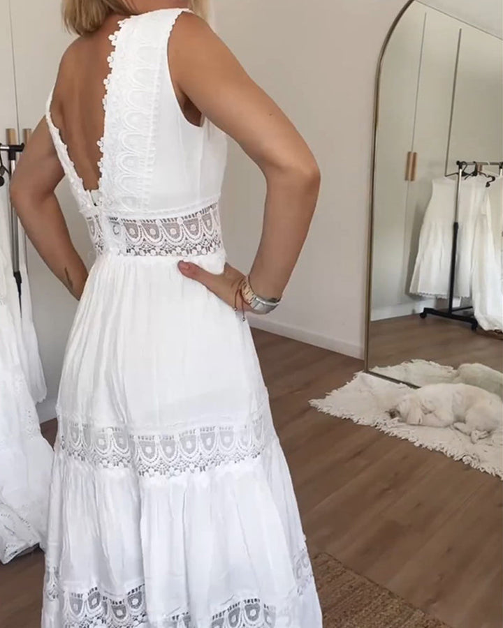 Robe longue en dentelle femme – robe ajustée col V