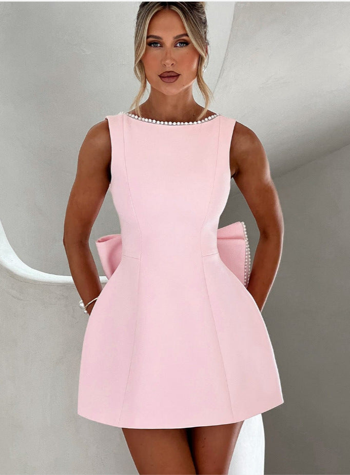 Robe Mini Femme A-Line Dos Nu – Sans Manches Nœud Perlé