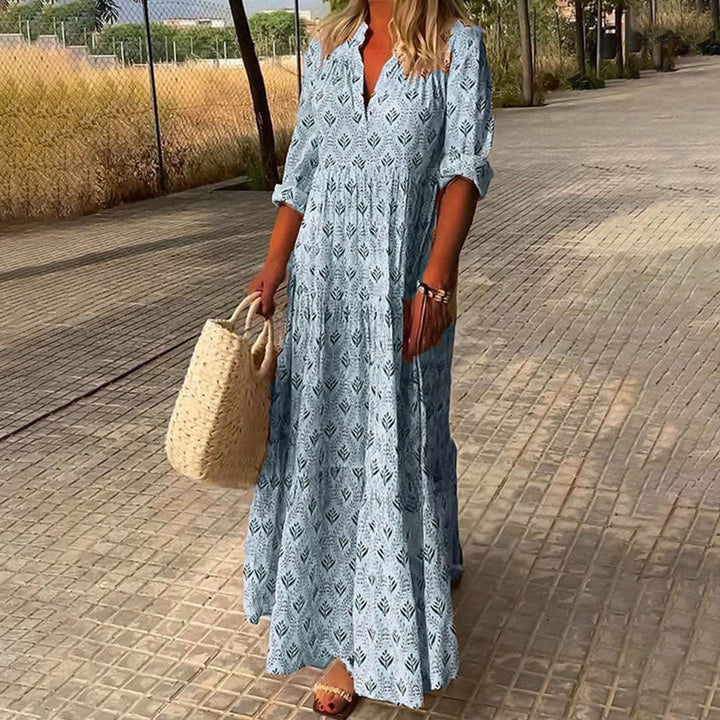 Langes Boho-Kleid für Damen mit V-Ausschnitt – lockerer Schnitt, halblange Ärmel, leicht