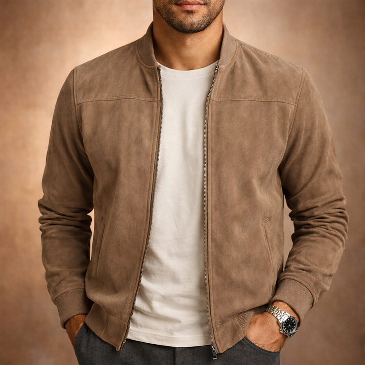 Men's Suede-Look Bomber Jacket – Zip-Up, Structured Fit, Ribbed Collar