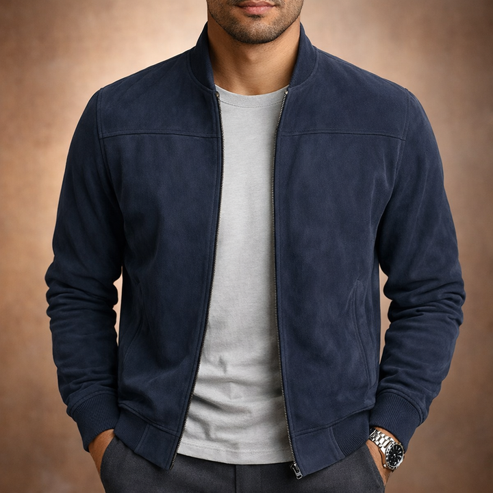 Men's Suede-Look Bomber Jacket – Zip-Up, Structured Fit, Ribbed Collar