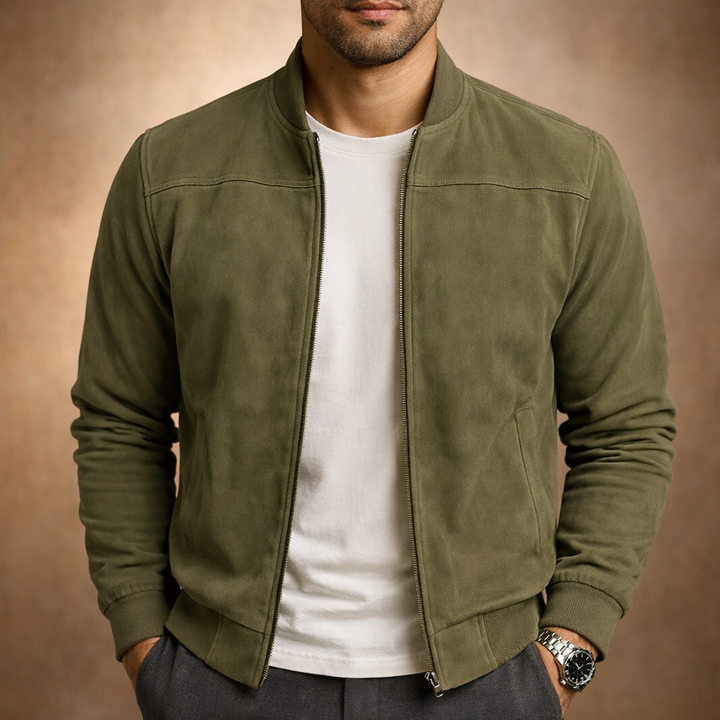 Men's Suede-Look Bomber Jacket – Zip-Up, Structured Fit, Ribbed Collar