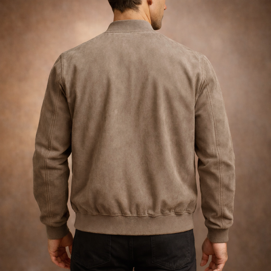 Men's Suede-Look Bomber Jacket – Zip-Up, Structured Fit, Ribbed Collar