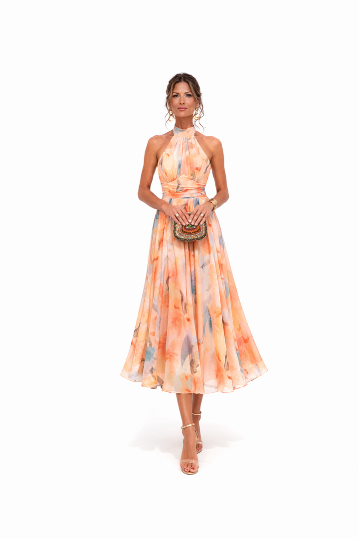 Robe Maxi Femme à Col Halter – Coupe Fluide Sans Manches Dos Nu