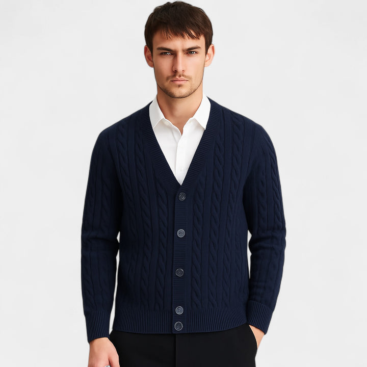 Riche | Herre-cardigan i strikket bomuld med knapper – Koreansk stil, snoet mønster