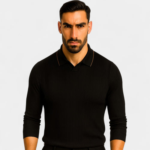 Riche | Polo homme mélange technique manches longues – élégance rayée minimaliste