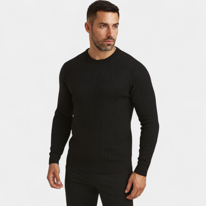 Riche | Men's slim-fit cotton knit sweater – round neck with cable knit pattern
