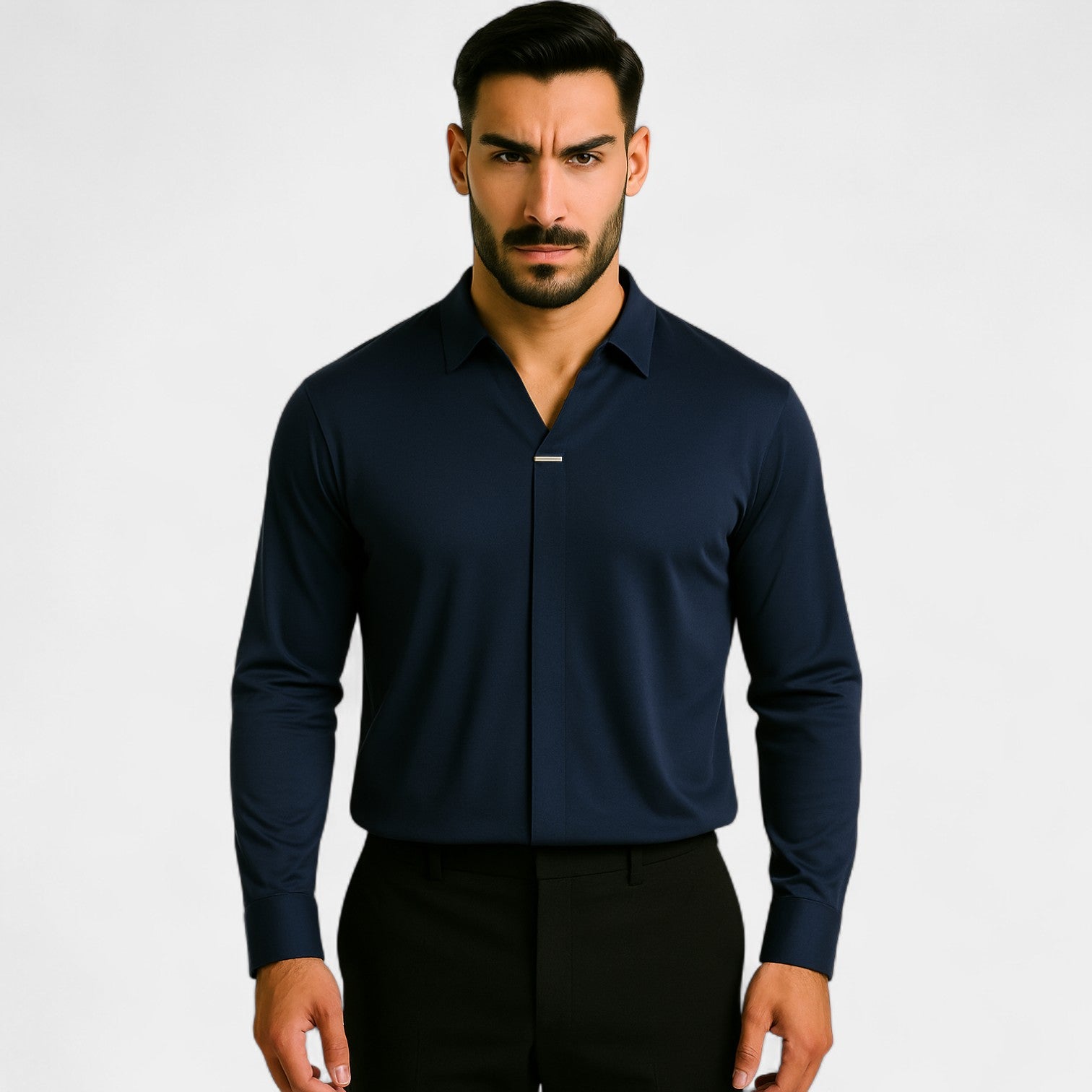 Riche | Chemise col V homme coton mélangé – coupe minimaliste infroissable