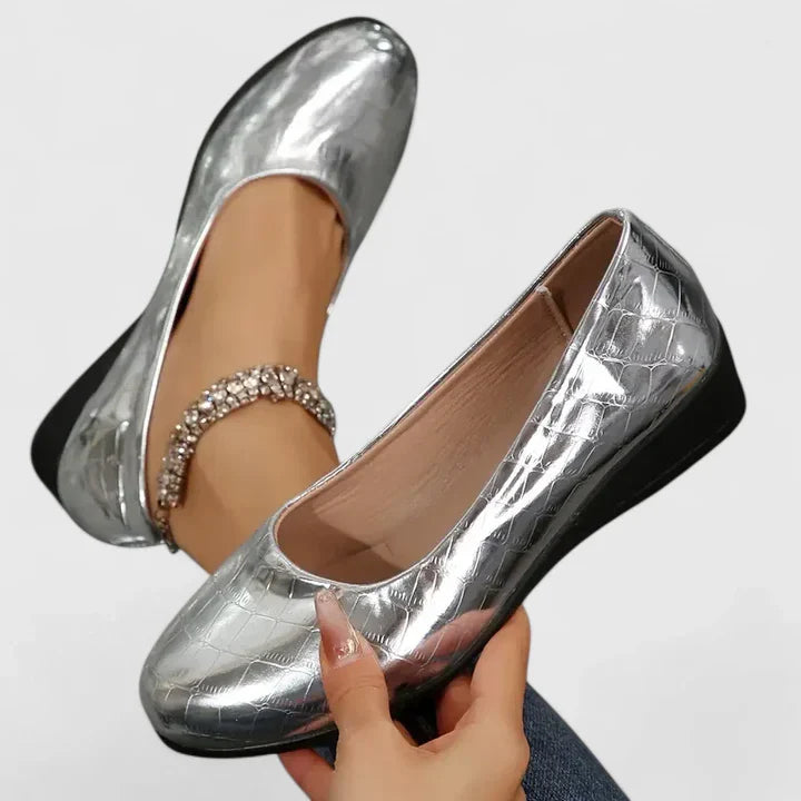 Orthopädische Damen-Ballerinas aus Leder in Krokodiloptik – Leicht anzuziehen, runde Spitze, flache Sohle