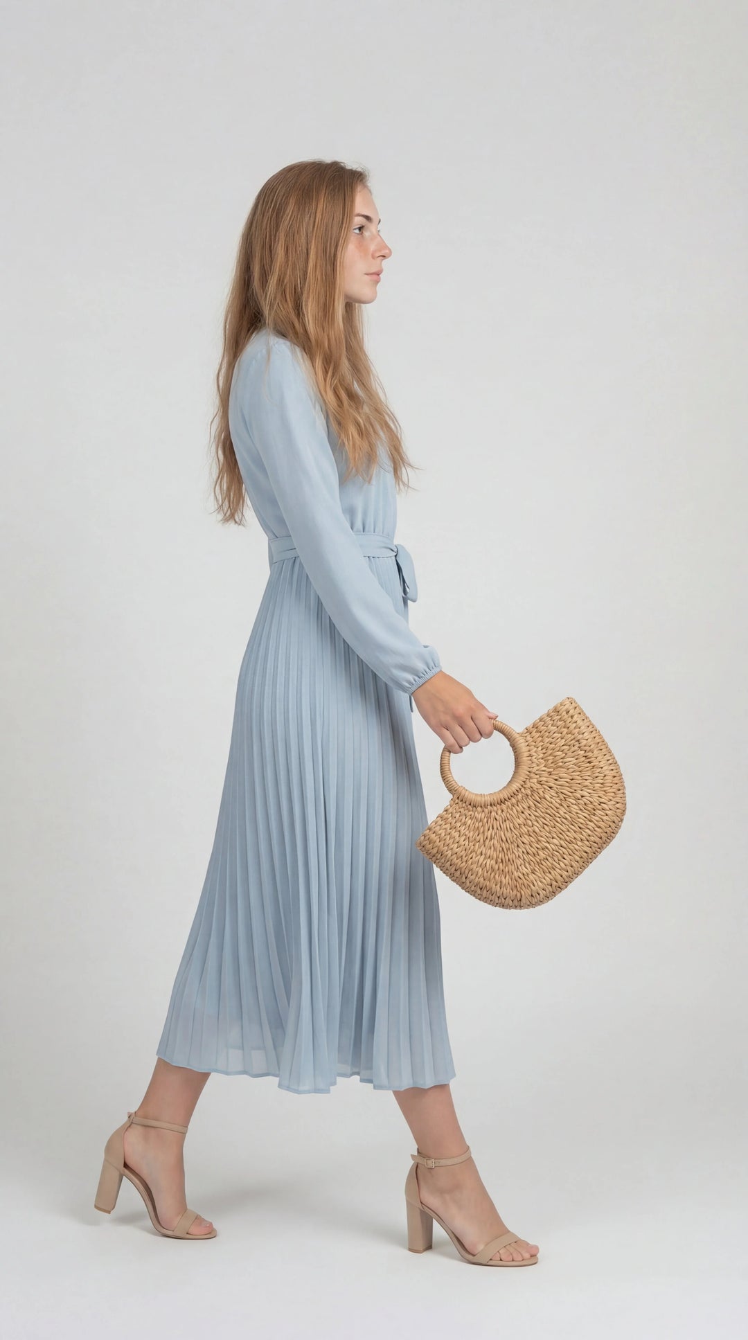 Robe Midi Plissée Femme – Ceinture à Nouer Col Montant Manches Longues
