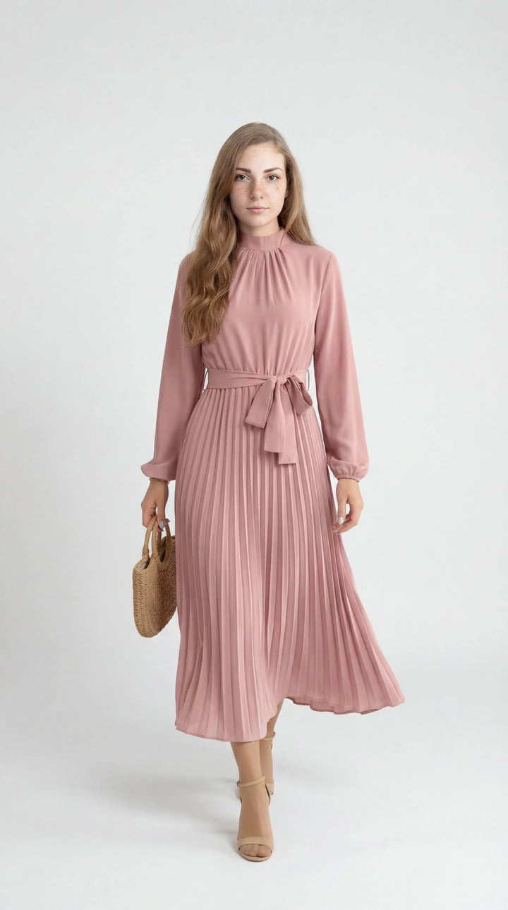 Robe Midi Plissée Femme – Ceinture à Nouer Col Montant Manches Longues