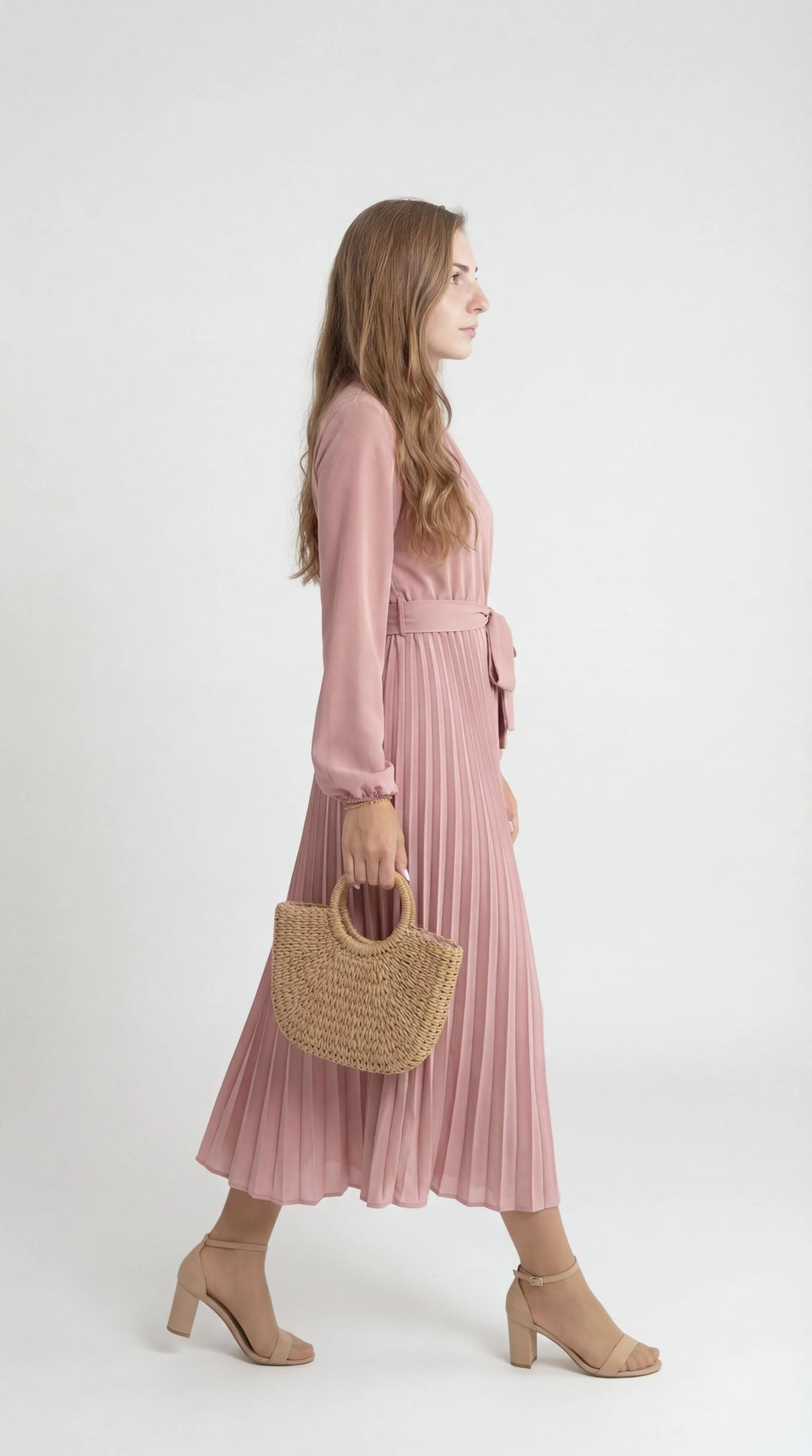 Robe Midi Plissée Femme – Ceinture à Nouer Col Montant Manches Longues