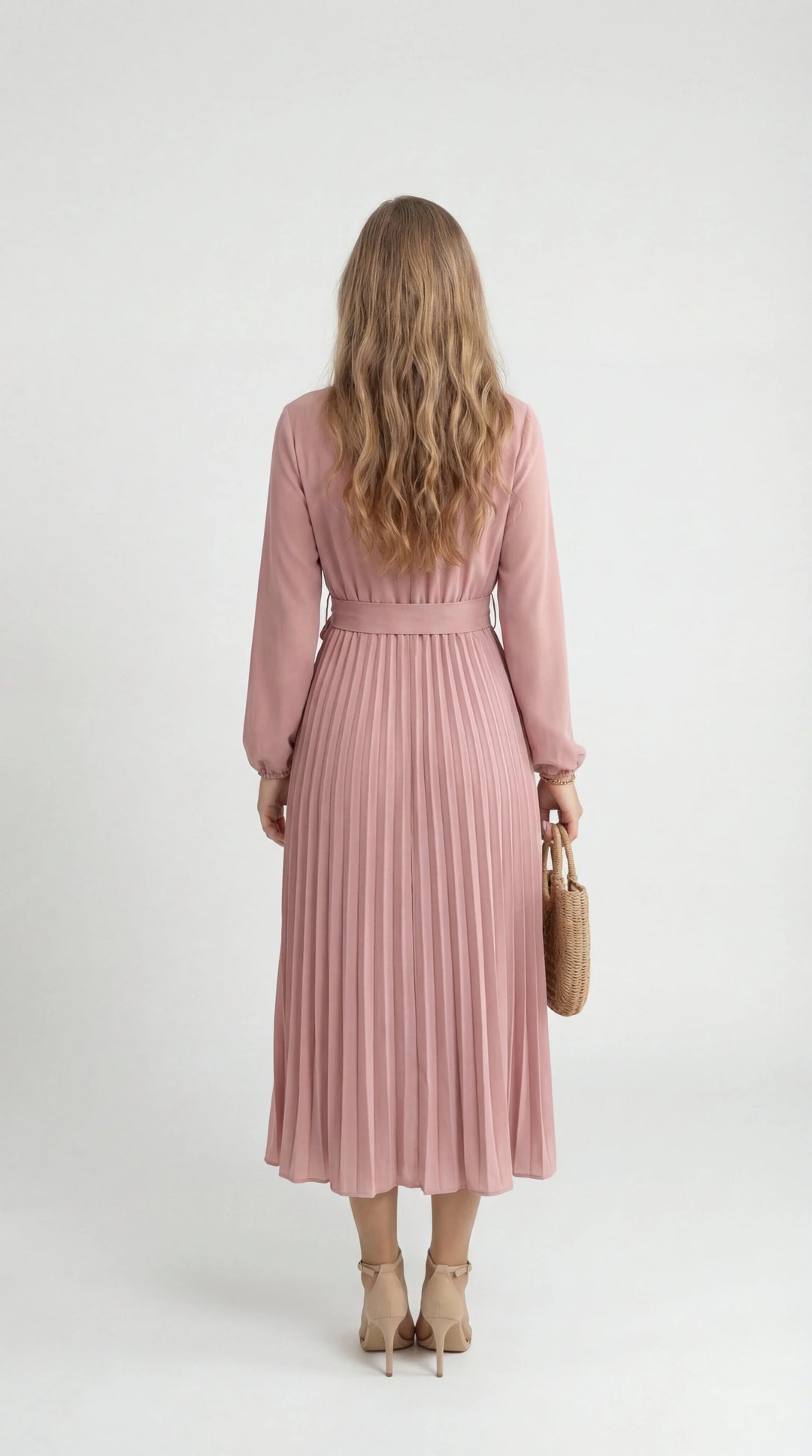 Robe Midi Plissée Femme – Ceinture à Nouer Col Montant Manches Longues