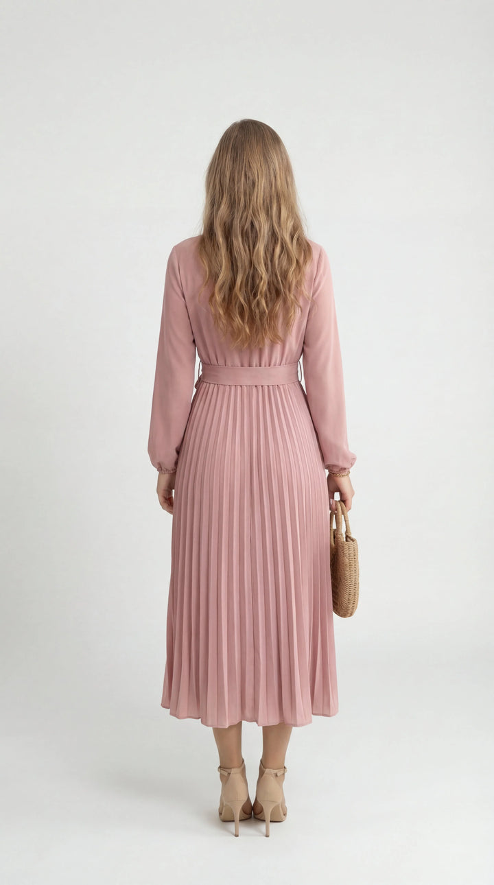Robe Midi Plissée Femme – Ceinture à Nouer Col Montant Manches Longues