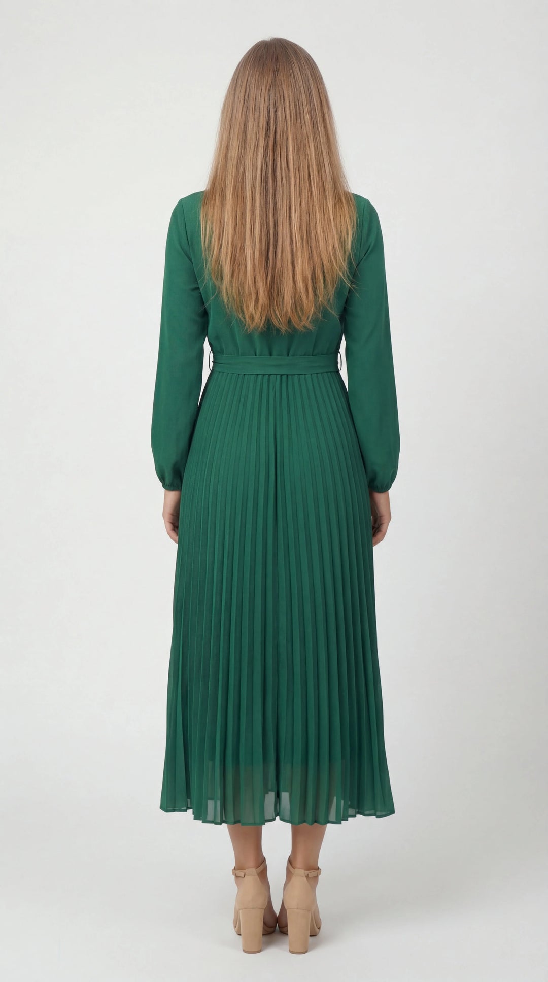 Robe Midi Plissée Femme – Ceinture à Nouer Col Montant Manches Longues