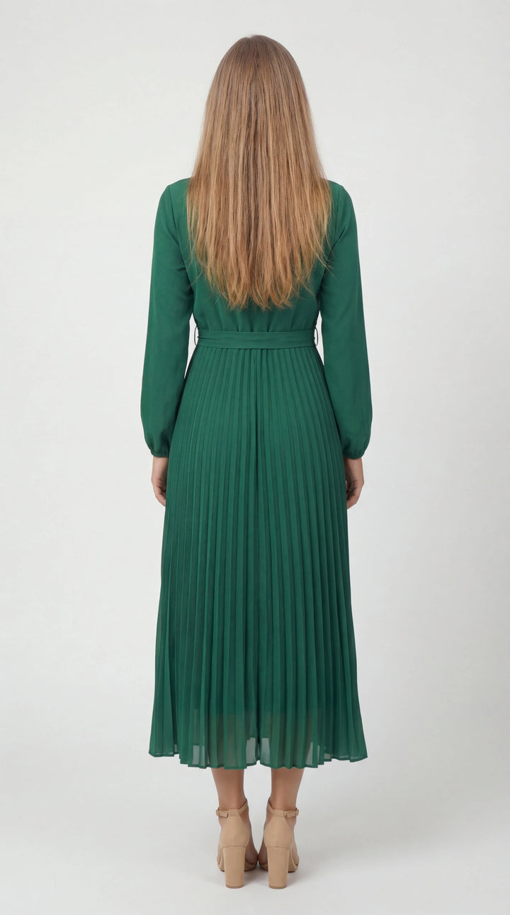 Robe Midi Plissée Femme – Ceinture à Nouer Col Montant Manches Longues