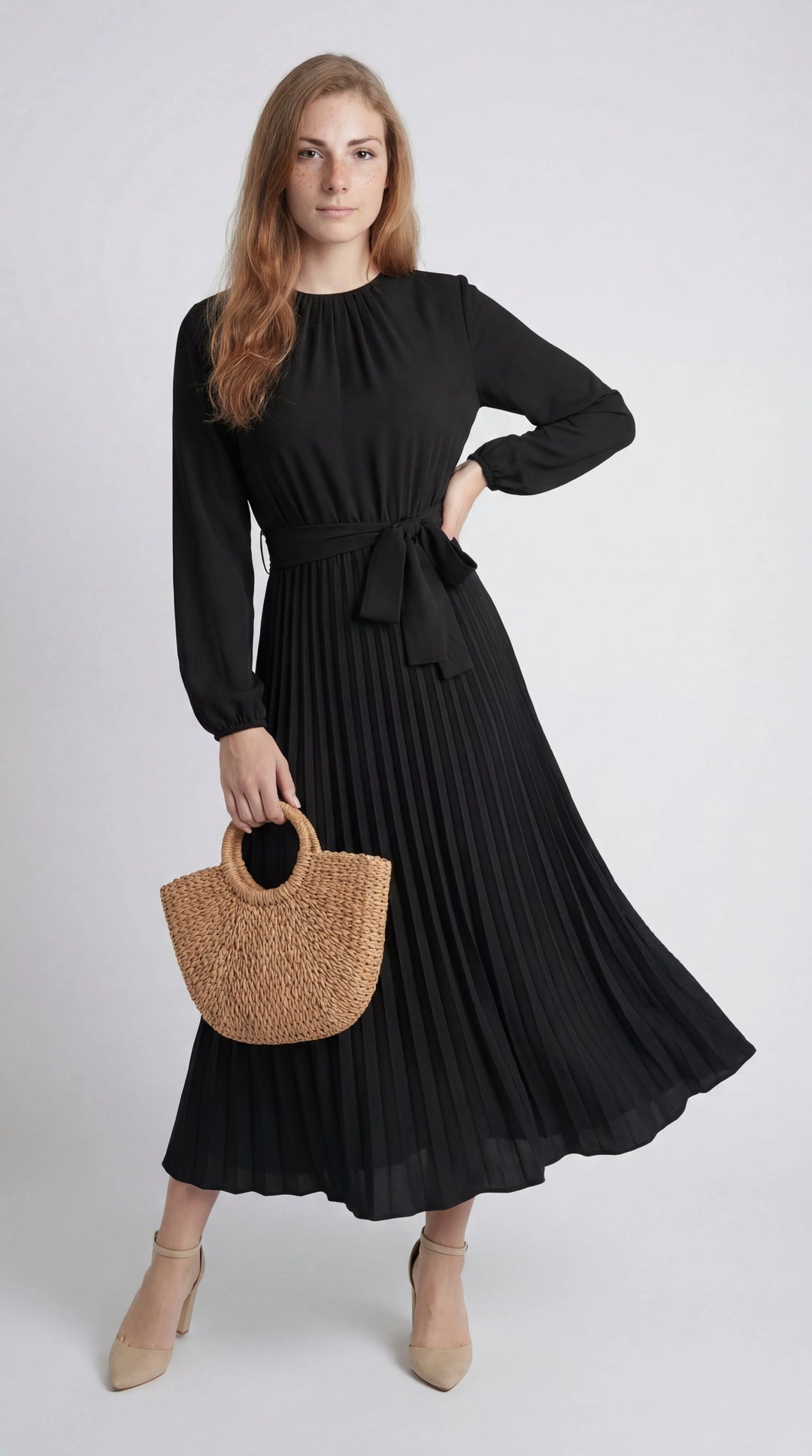Robe Midi Plissée Femme – Ceinture à Nouer Col Montant Manches Longues